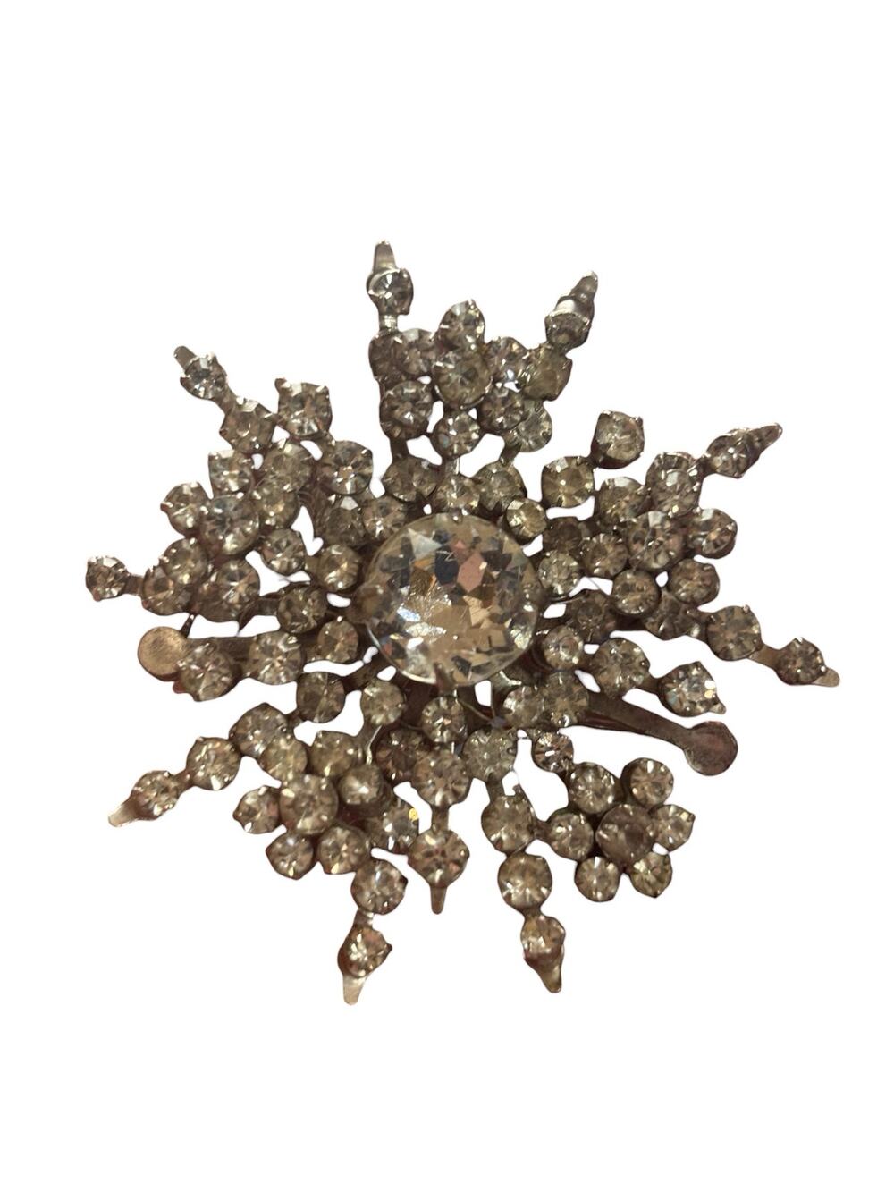 Vintage Clear Rhinestone Starburst Snowflake Brooch Silver Tone Mid Century